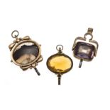 3 large antique pocket watch keys, 19th century, with large stones such as agate, amethyst, citrine,