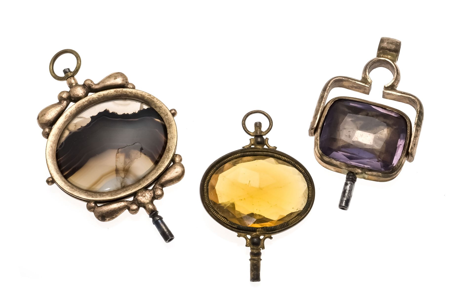 3 large antique pocket watch keys, 19th century, with large stones such as agate, amethyst, citrine,