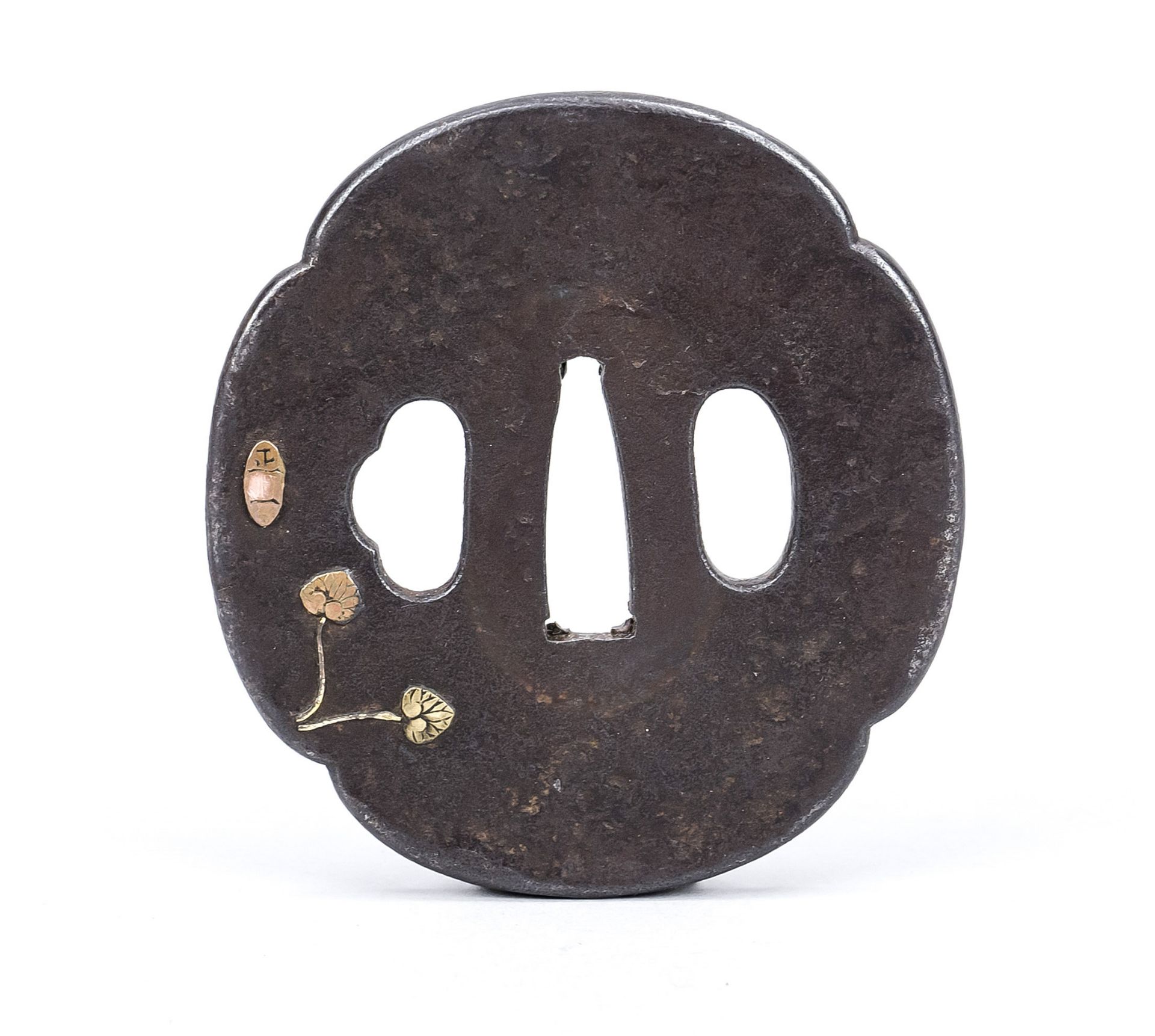 Tsuba (guard), Japan 18th/19th century (Edo period), iron with gold inlay. Mokko form with relief - Image 2 of 2