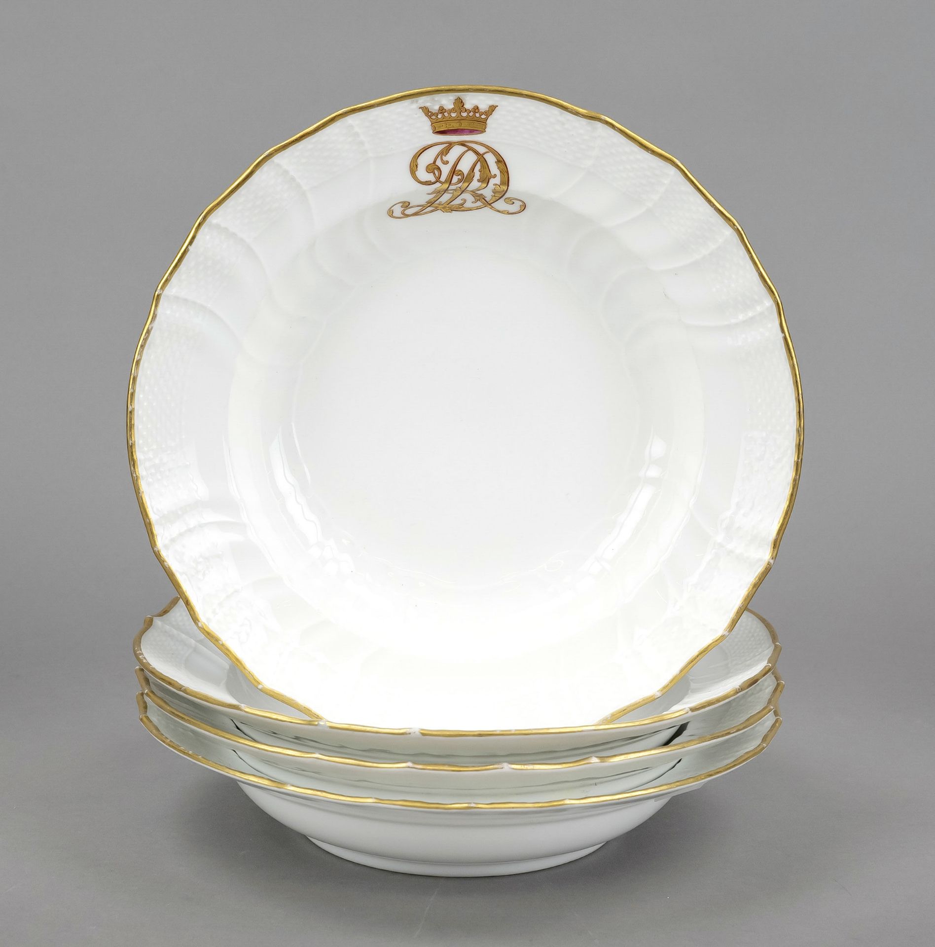 Four soup plates owned by the nobility, KPM Berlin, pre-1945 mark, red imperial orb mark, Neuozier