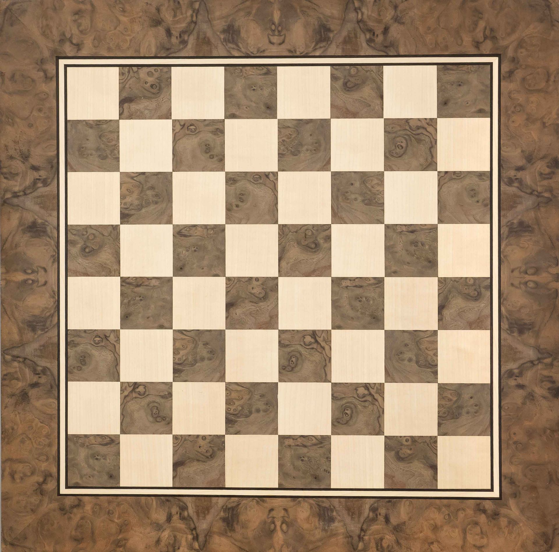 Large chessboard, probably Germany 20th century, fine veneer work of burl and birch wood. Signed