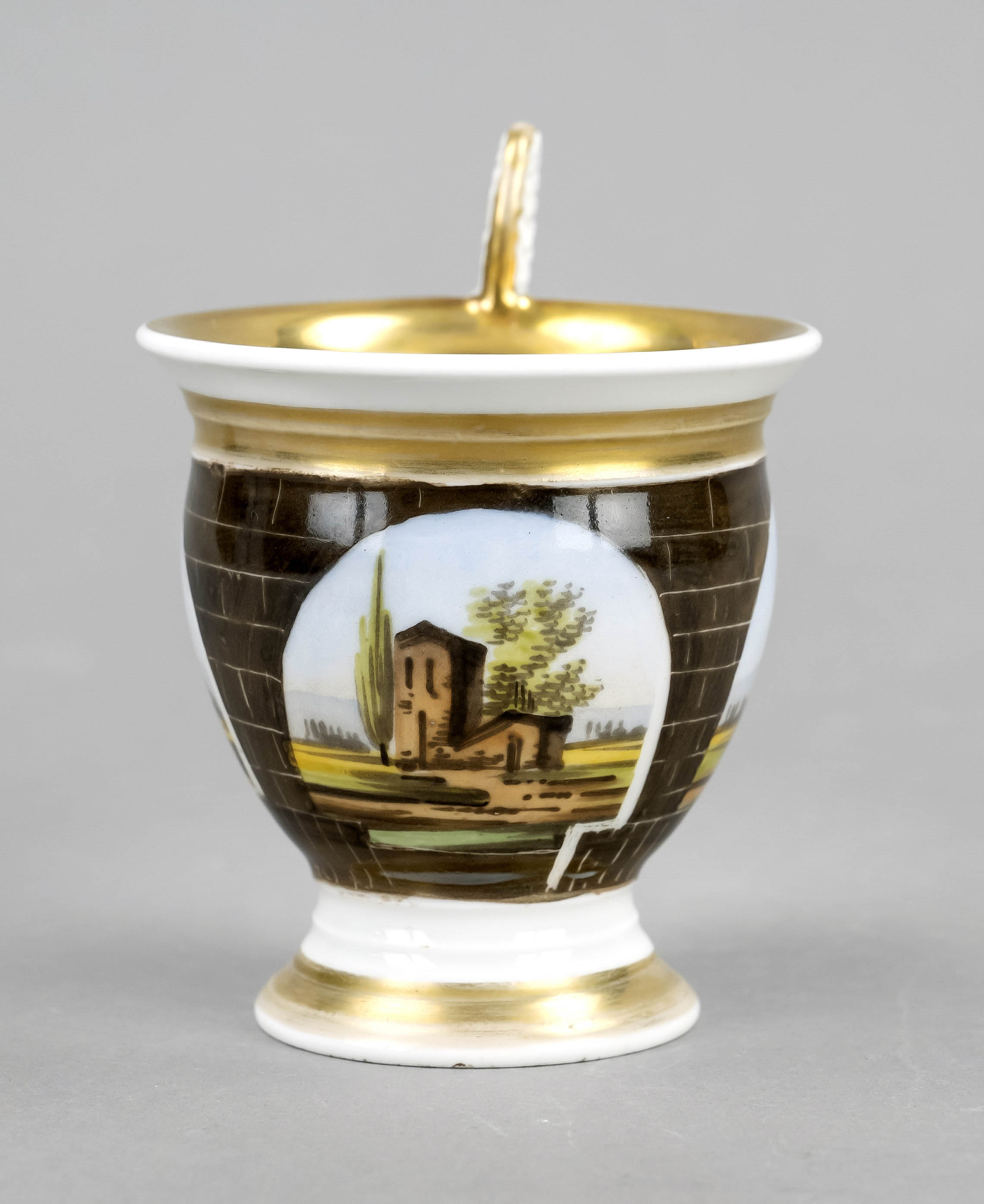 Coffee cup with saucer, w. Thuringia, 19th century, bell-shaped with raised mascaron handle, - Image 2 of 3