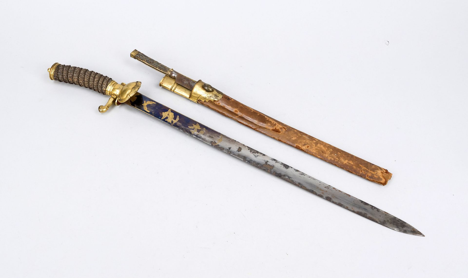 Stag hilt with by-knife, 19th century, staghorn grip with wire winding, gilt brass/bronze grip
