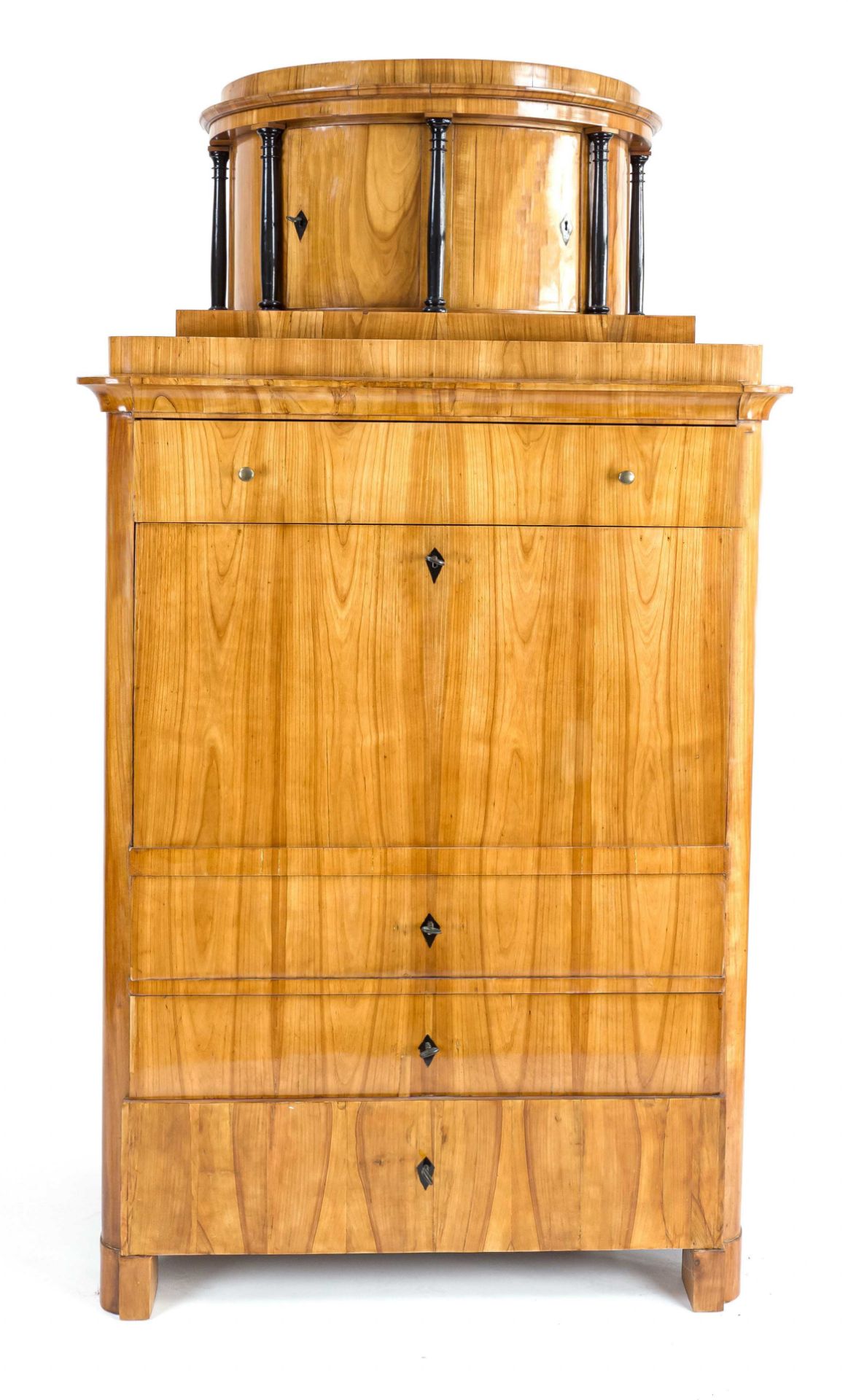 Biedermeier standing secretary, circa 1830, cherrywood, straight body rounded at the corners with