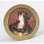 Miniature, 19th/20th century, polychrome tempera painting on bone plate, unopened, round portrait of