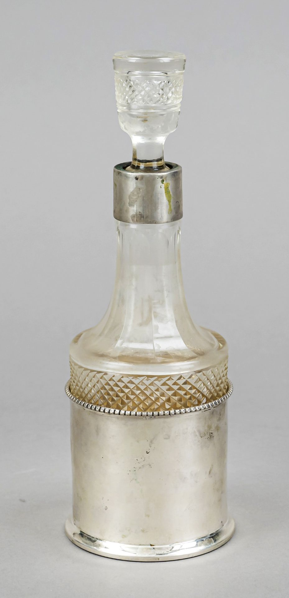 Flask, Austria, c. 1900, silver 800/000, round base, cylindrical body, clear glass with cut