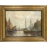 signed Anverkerk, probably Dutch artist c. 1900, Ships in the city harbor, oil on canvas, signed