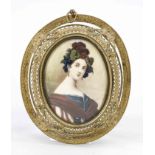 Miniature, 19th century, polychrome tempera painting on bone plate, unopened, oval portrait of a