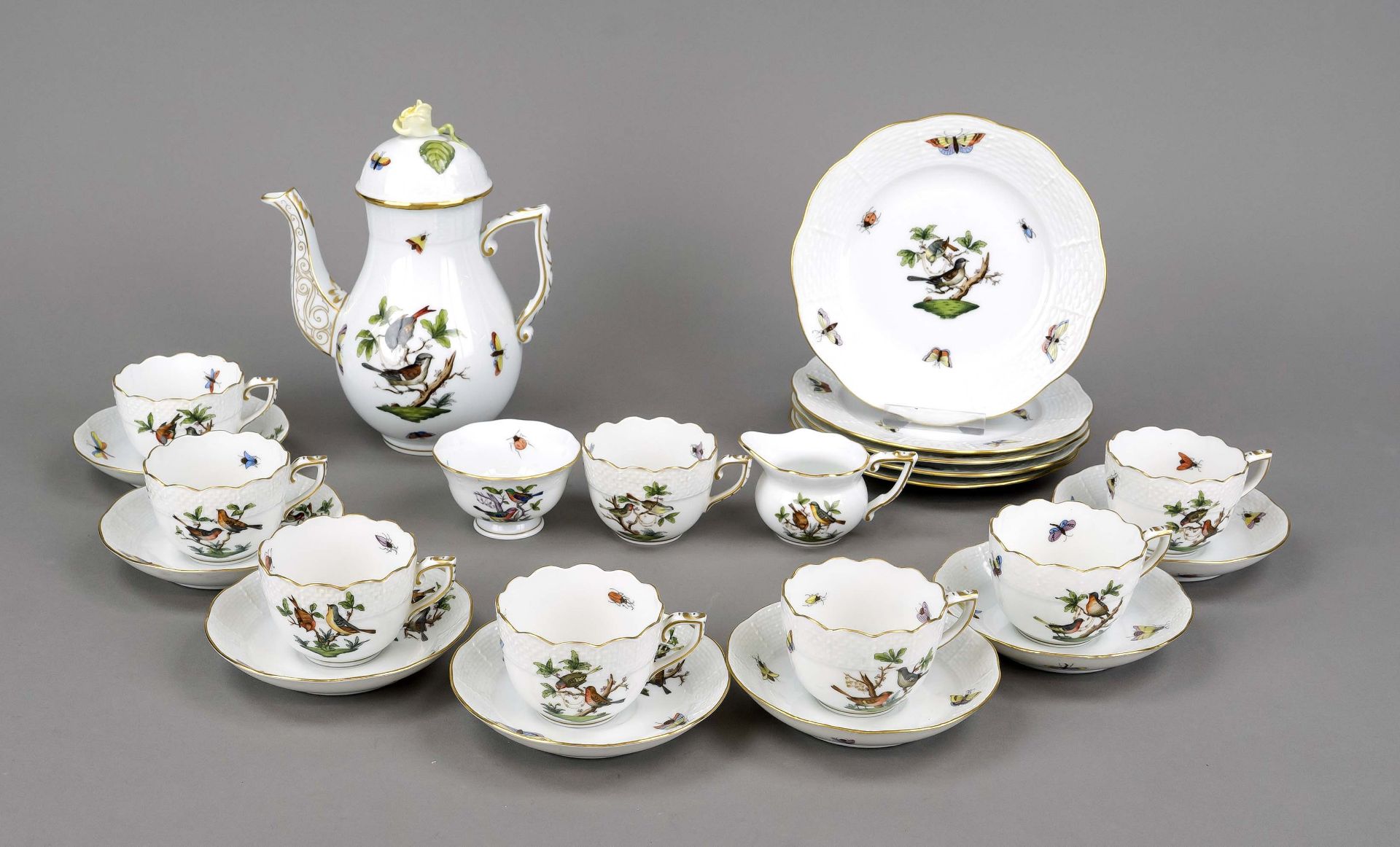 Mocha service for 5-7 persons, 23-piece, Herend, Hungary, 20th century, Ozier form, Rothschild