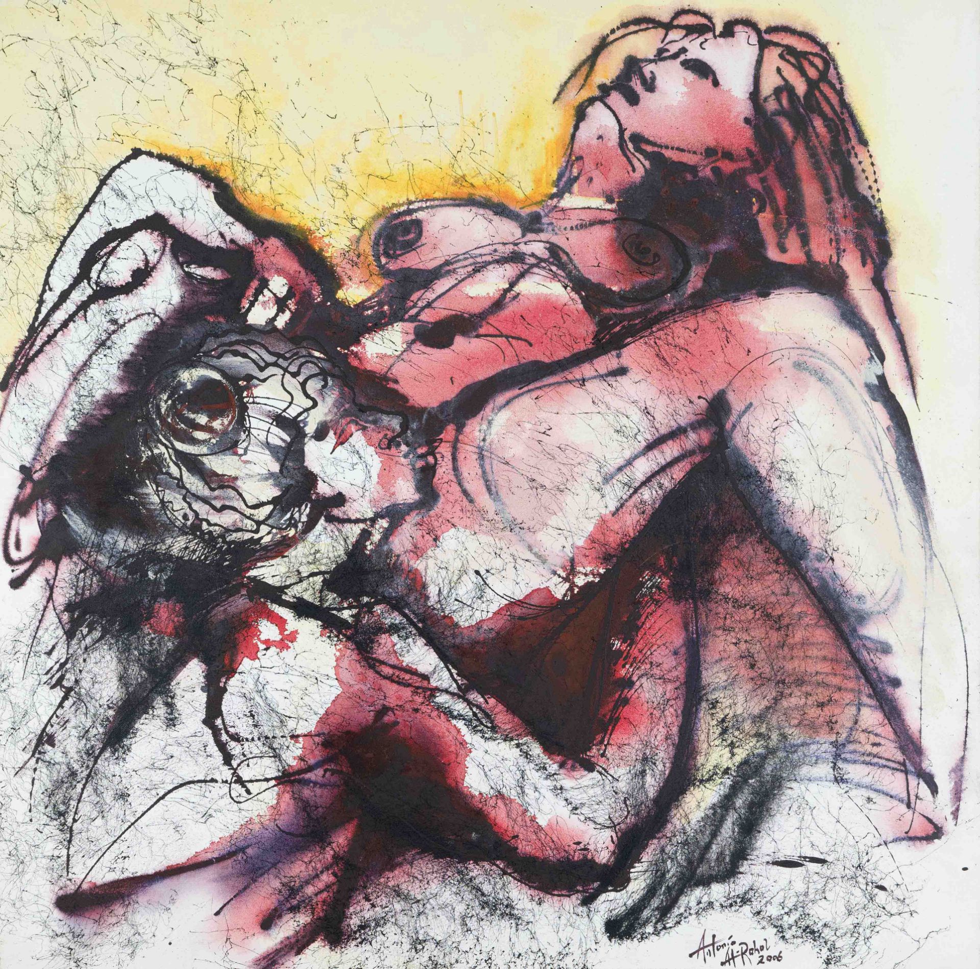 Antonio Al-Rahal, contemporary artist, lesbian lovers, mixed media on canvas, signed and dated lower