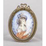 Miniature, 19th/20th century, polychrome tempera painting on bone plate, unopened, oval portrait
