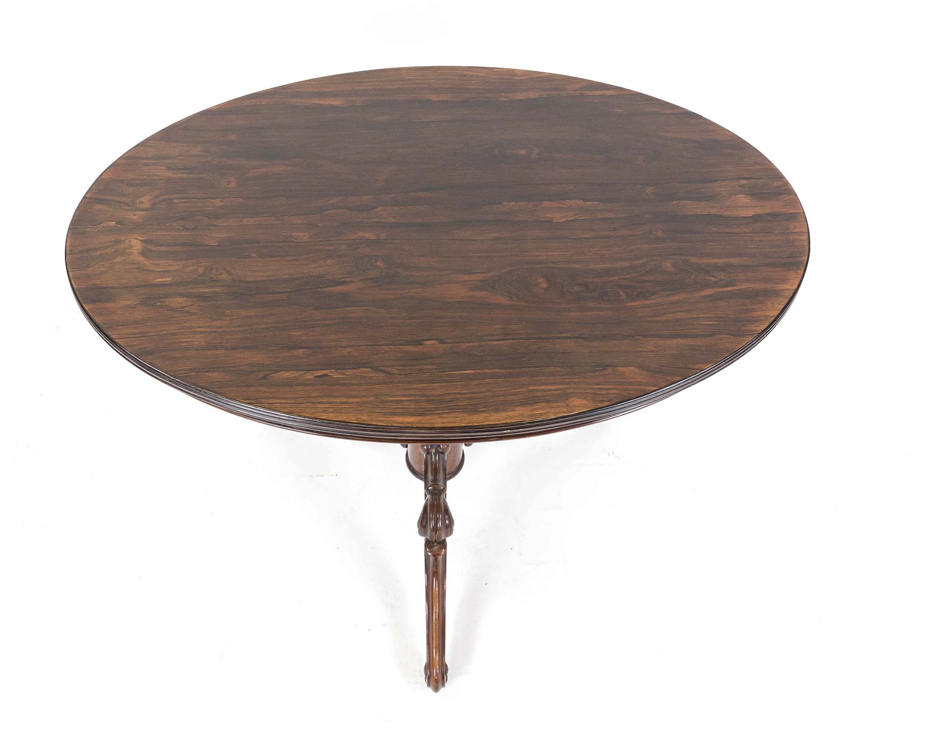 Oval late Biedermeier table, mid-19th century, walnut, round column shaft on three curved legs, 74 x - Image 2 of 2