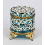 Glass lidded box with bronze mounting, 19th century Azure blue glass with cold enamel painting in