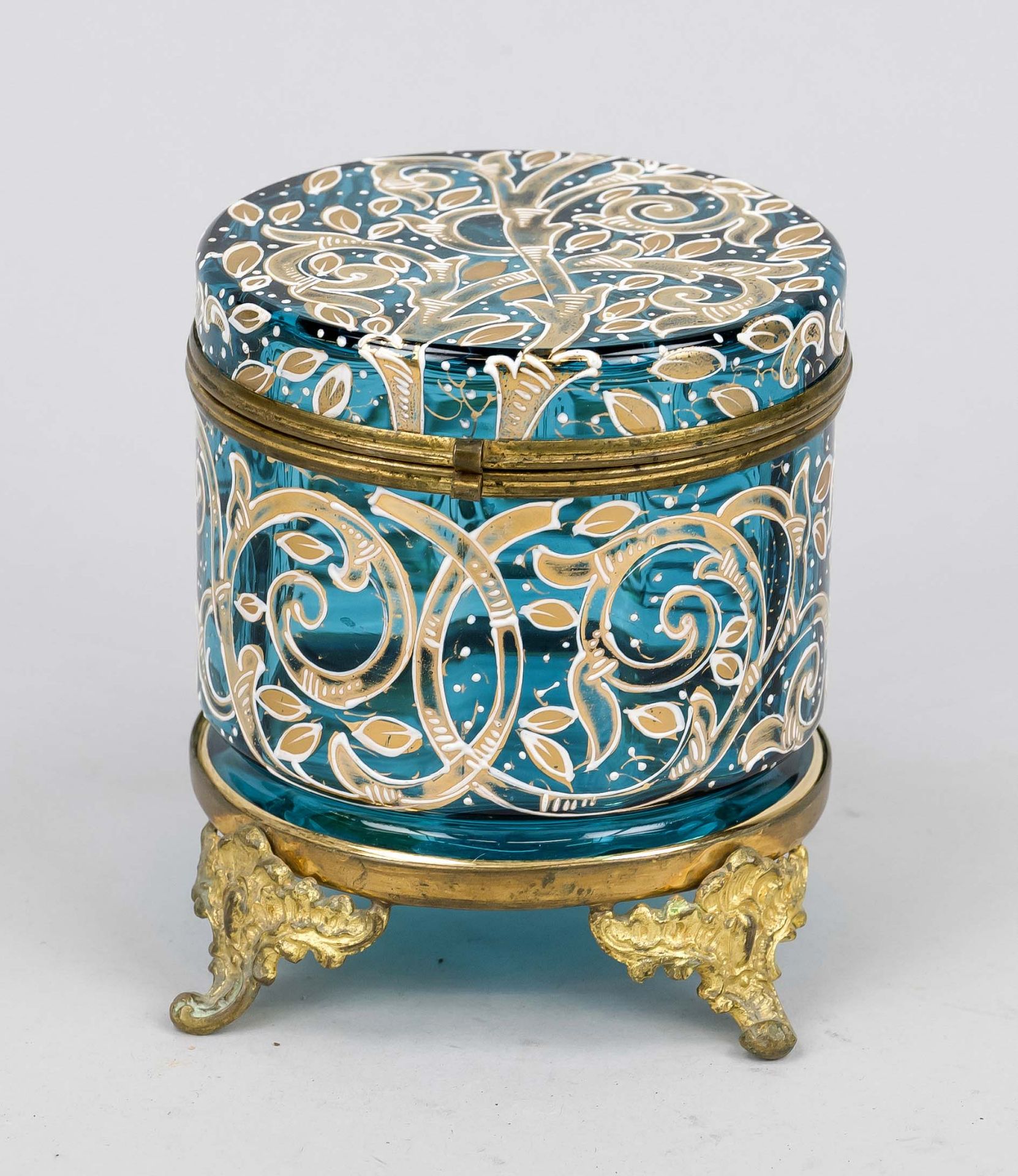 Glass lidded box with bronze mounting, 19th century Azure blue glass with cold enamel painting in