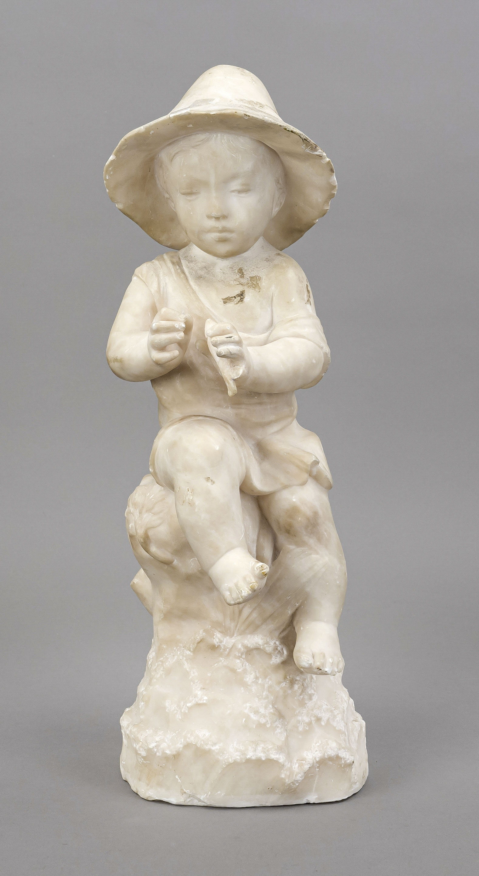 Anonymous sculptor c. 1900, small angler with large hat, alabaster, unsigned, heavily bumped, h.