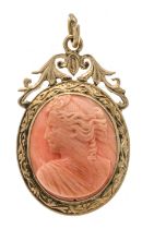 A Victorian gem pendant, circa 1900, GG 625/000 (15 ct), unmarked, tested, with a coral gem,