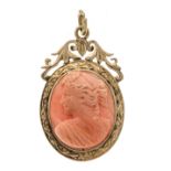 A Victorian gem pendant, circa 1900, GG 625/000 (15 ct), unmarked, tested, with a coral gem,