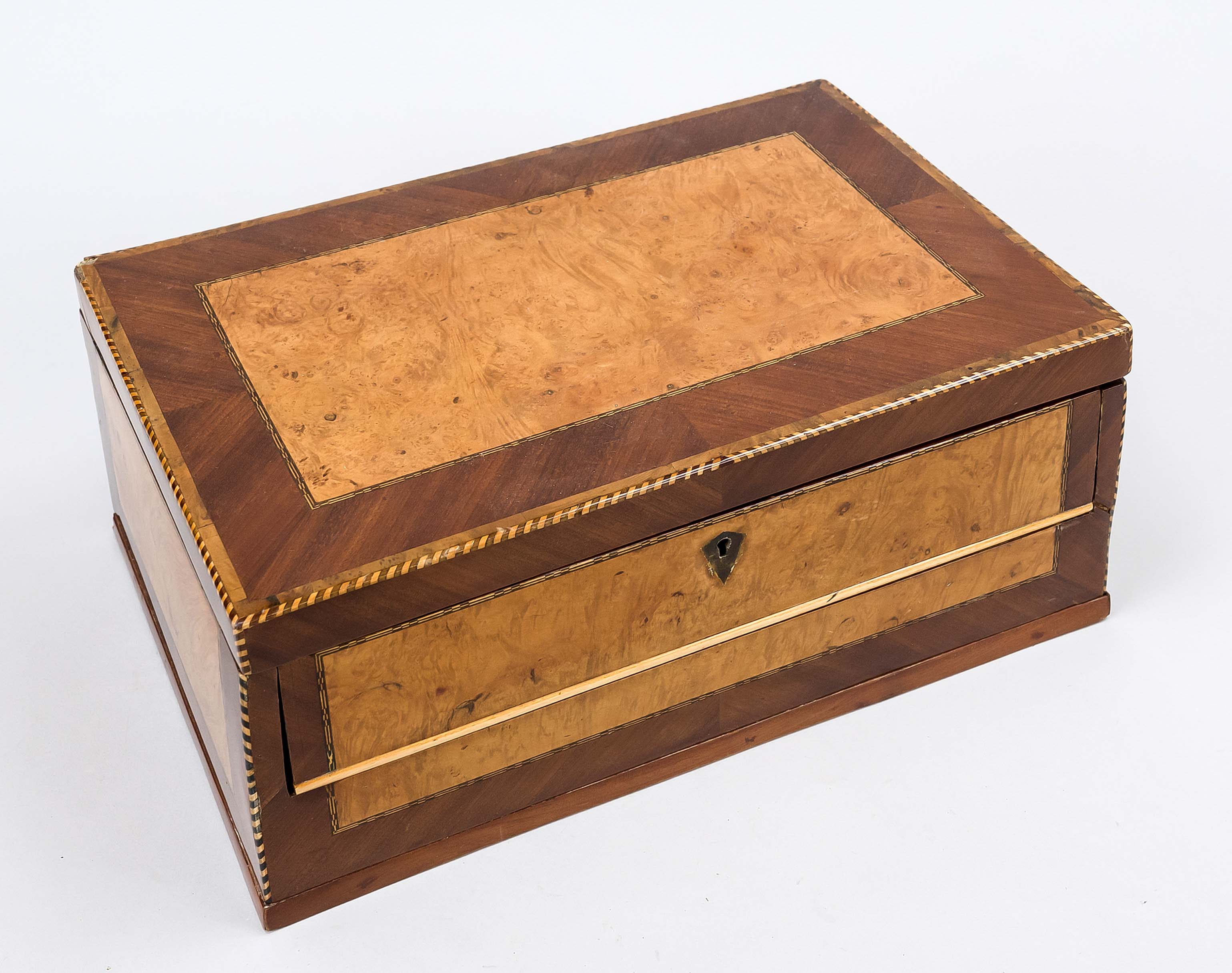 Wooden box with drawer, 19th century, birch body, veneered on all sides with bird's-eye maple and