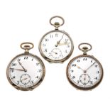 Mixed lot of 3 open men's pocket watches 800/000 silver, partly gilt, back guilloché with free