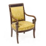 Empire armchair from around 1820, mahogany, partly carved, yellow cover, 95 x 63 x 50 cm - The