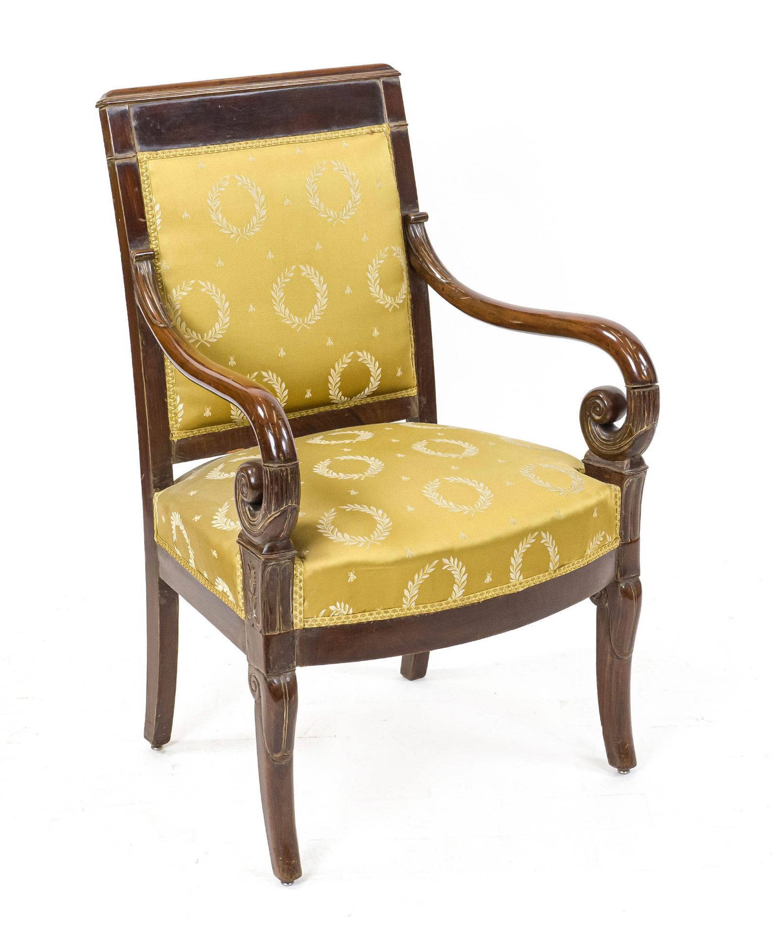 Empire armchair from around 1820, mahogany, partly carved, yellow cover, 95 x 63 x 50 cm - The