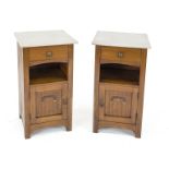 Pair of Art Nouveau bedside/side cabinets, c. 1910, mahogany, inlaid lower door, white marble top,