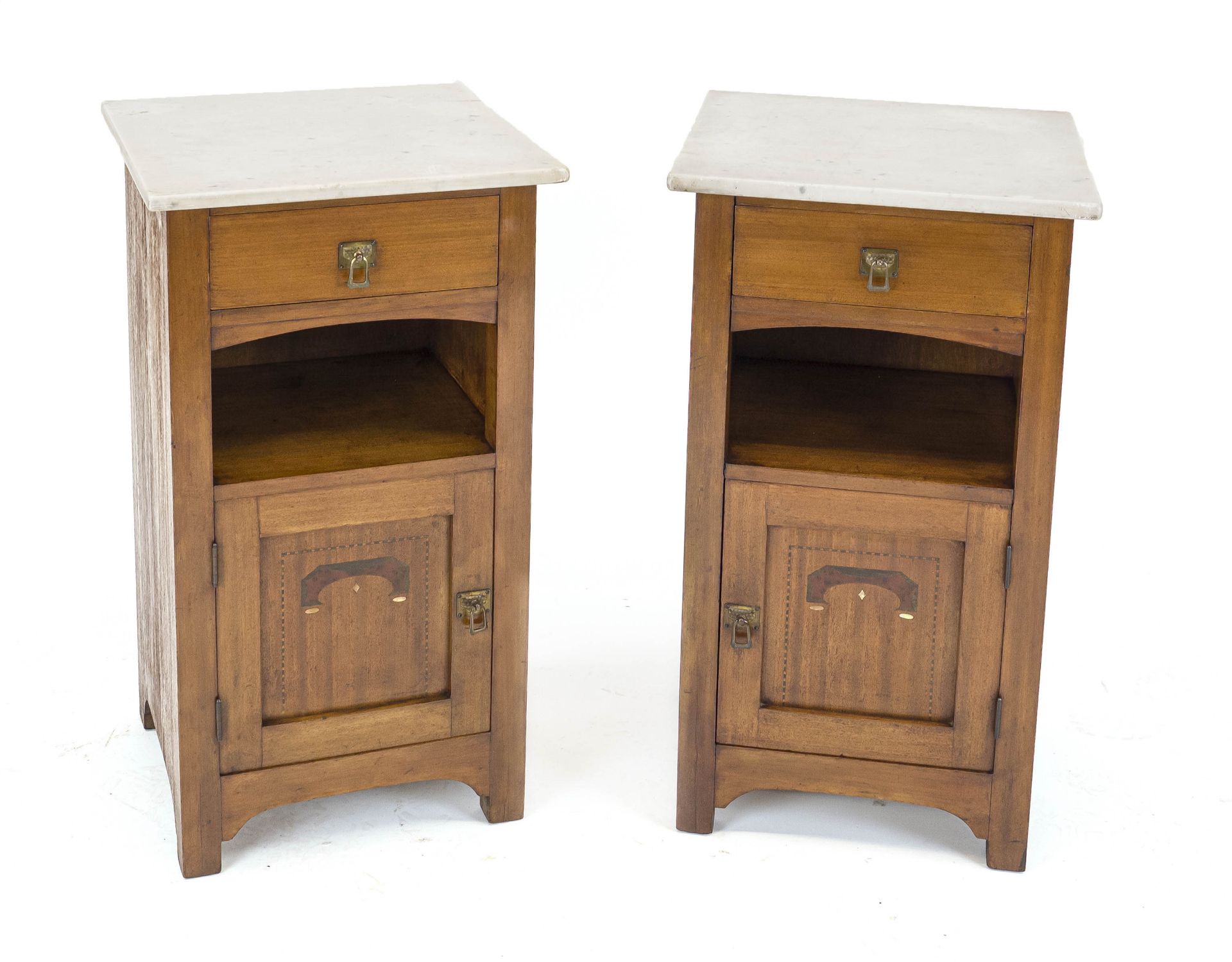 Pair of Art Nouveau bedside/side cabinets, c. 1910, mahogany, inlaid lower door, white marble top,