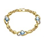 Blue topaz diamond bracelet GG 750/000 with 3 blue topaz cabochons in cloverleaf shape 9 mm and 15