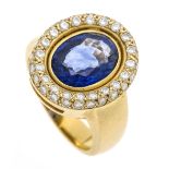 Sapphire-brilliant ring GG 750/000 with a fine oval faceted sapphire 5.05 ct (hallmarked) in a