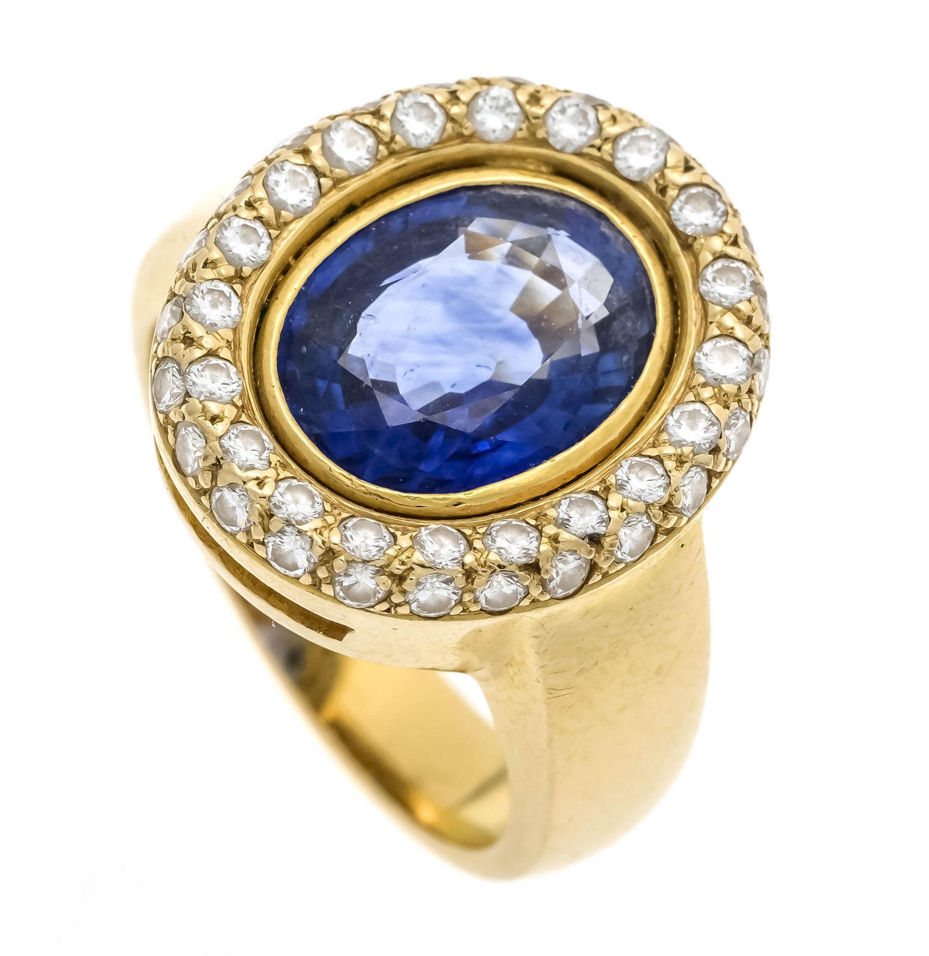 Sapphire-brilliant ring GG 750/000 with a fine oval faceted sapphire 5.05 ct (hallmarked) in a