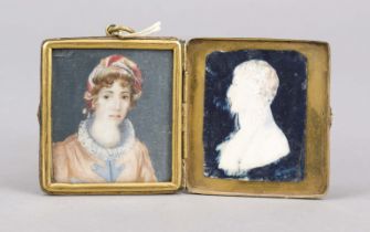 Rectangular miniature, c. 1820, polychrome tempera painting on a bone plate. Woman with red