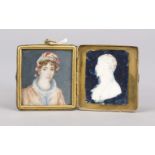 Rectangular miniature, c. 1820, polychrome tempera painting on a bone plate. Woman with red