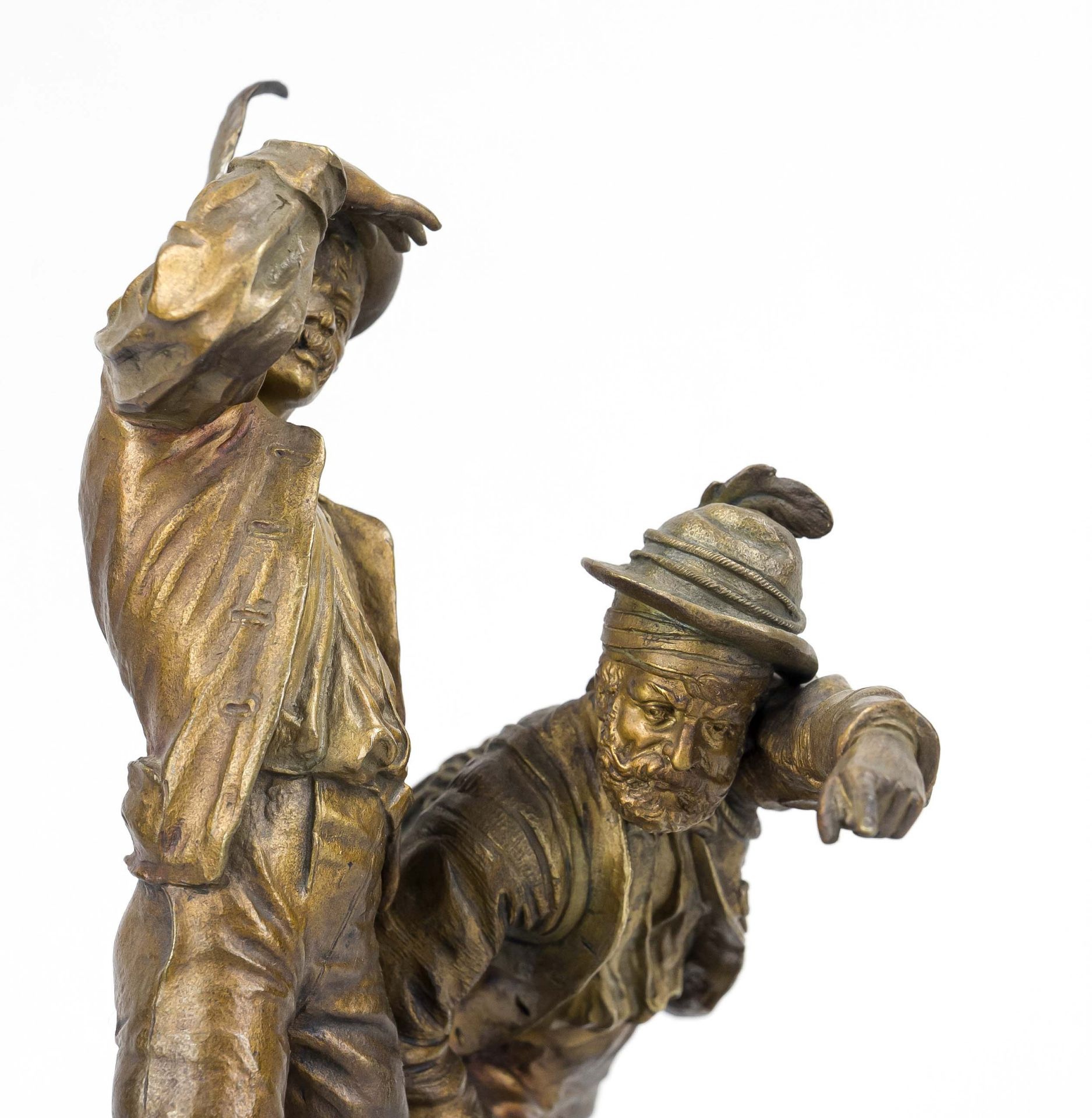 Eugène Barillot (1841-1900), two hunters with a shot roebuck, polychrome patinated bronze on - Image 2 of 2