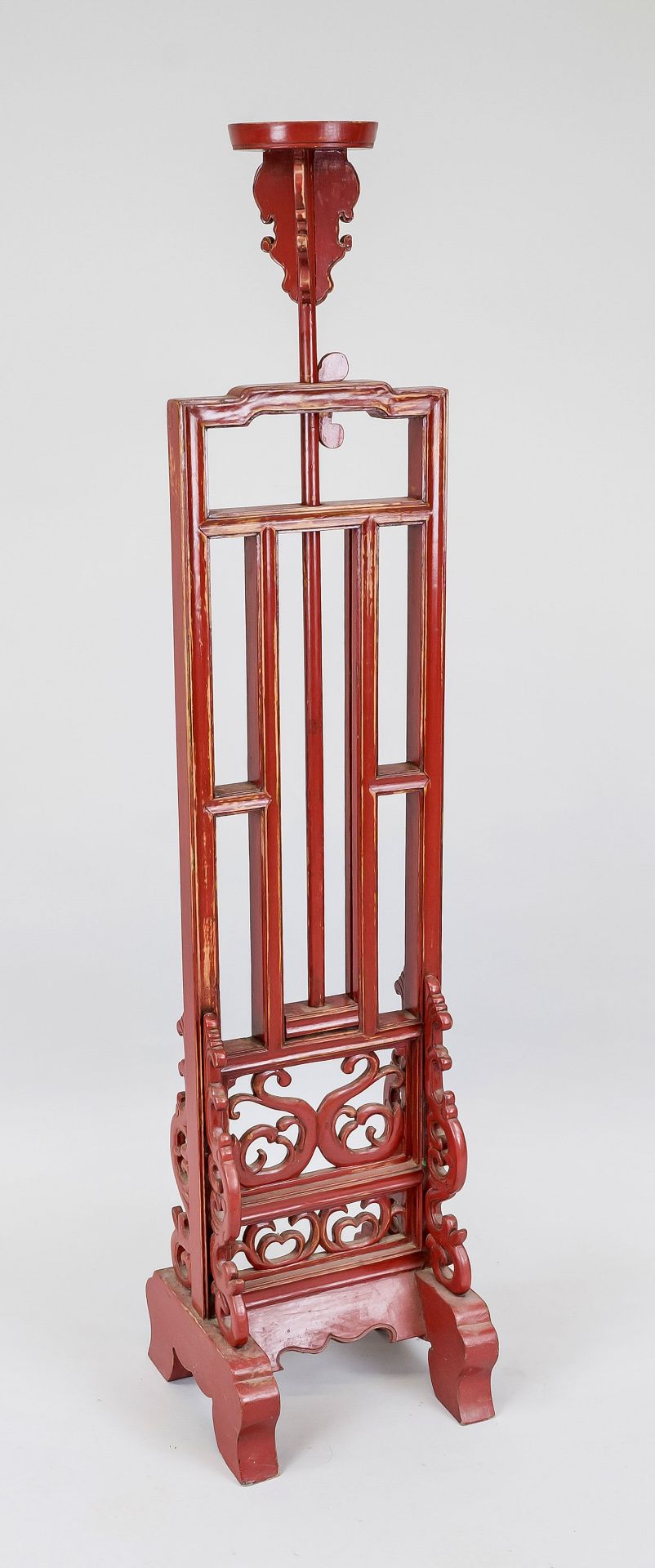 Large candlestick, China, c. 1900, wood with red lacquer. Openwork stand with carved tendrils.