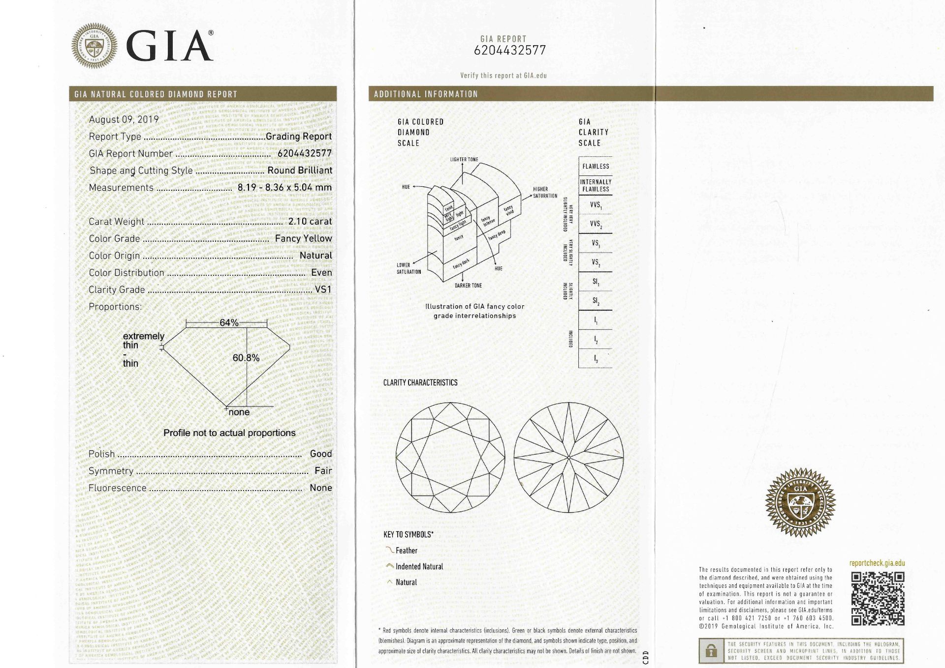 Brilliant 2.10 ct Natural Fancy Yellow/VS1, 8.19 - 8.36 x 5.04 mm, with GIA Expertise No. 6204432577 - Image 2 of 2