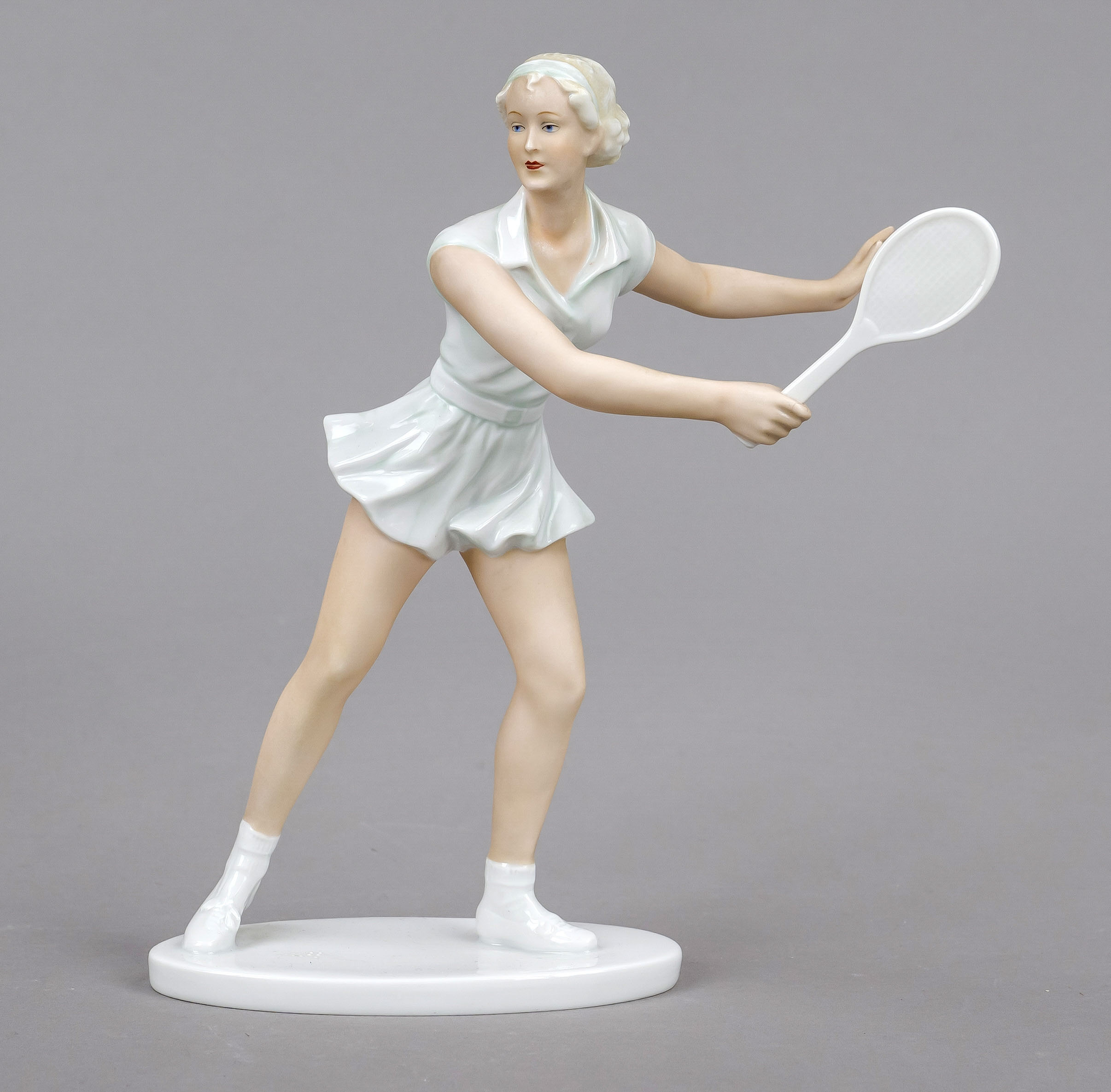 Blonde tennis player, Schaubach Kunst, Wallendorf, Thuringia, mark 1953-1960, model no. 1460,