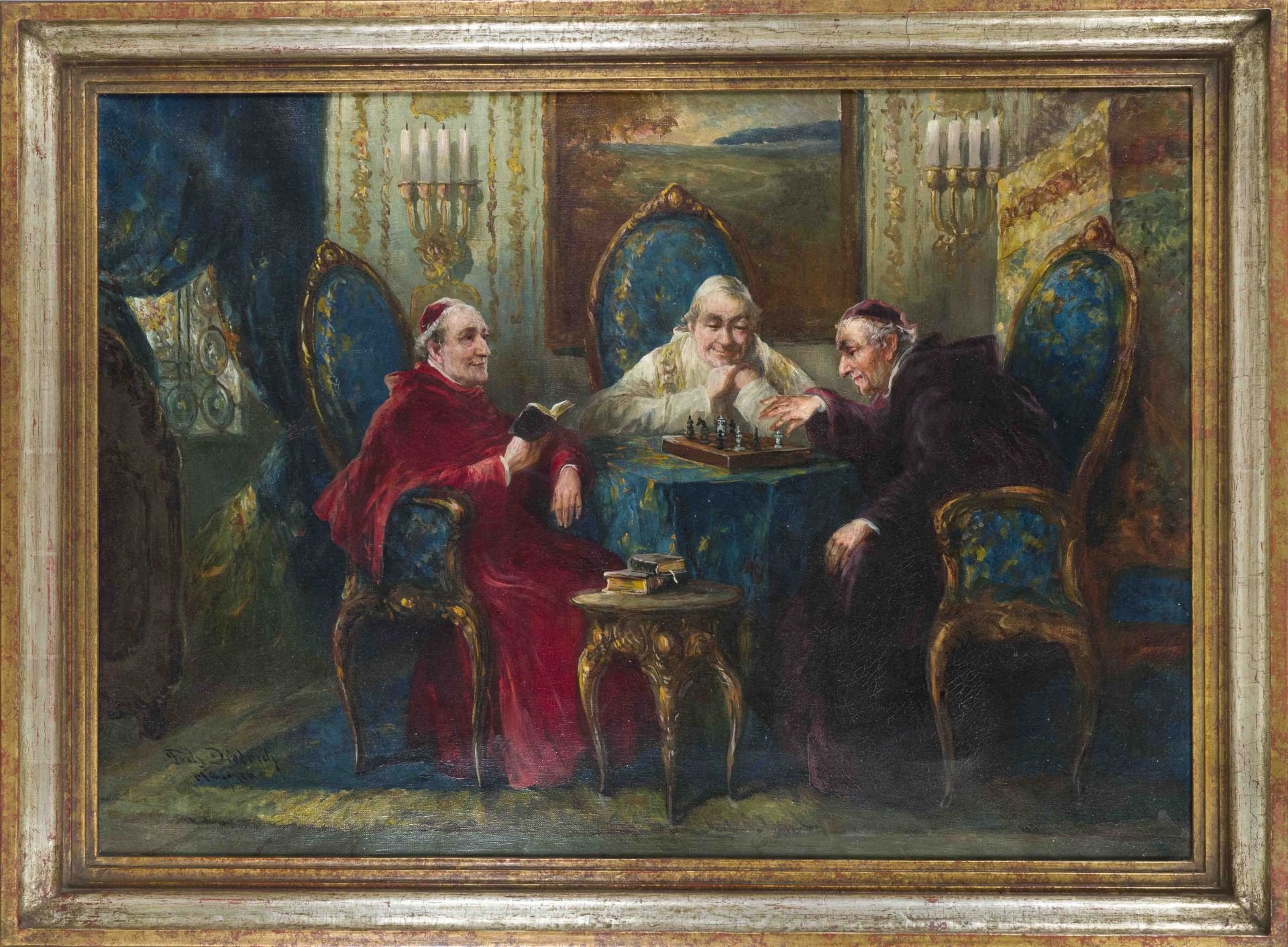 Fritz Dietrich, Munich artist c. 1900, Rococo salon with three clergymen playing chess, oil on