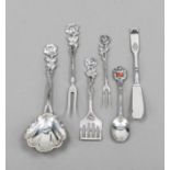 Six pieces of cutlery, 20th century, various makers, silver of different finenesses, various