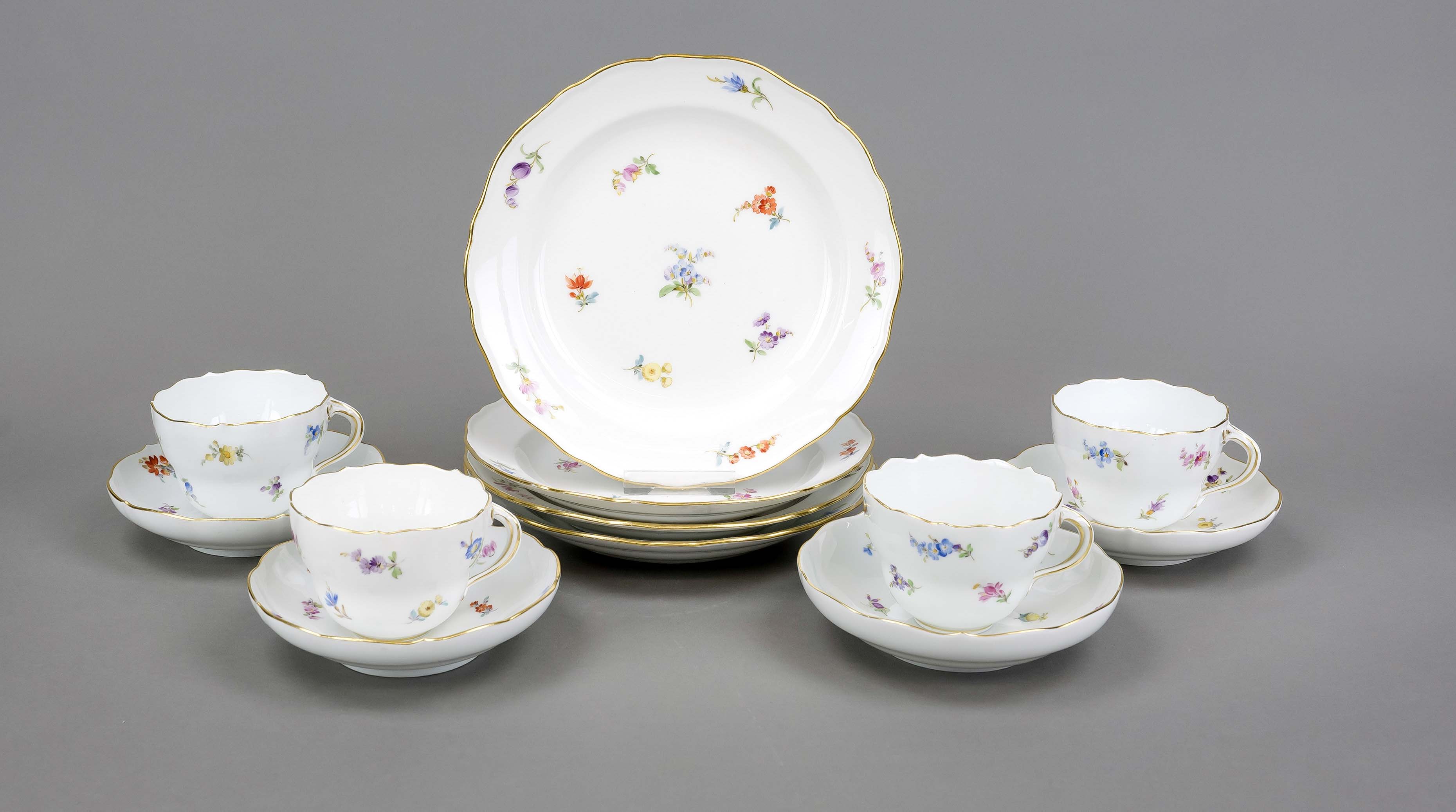 Four coffee sets, 12 pieces, Meissen, Knauff Schwerter, 1st choice, shape new cut-out, polychrome