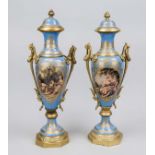 Pair of Sèvre-style ceremonial vases, 20th century Light blue-round lidded vase with bronze