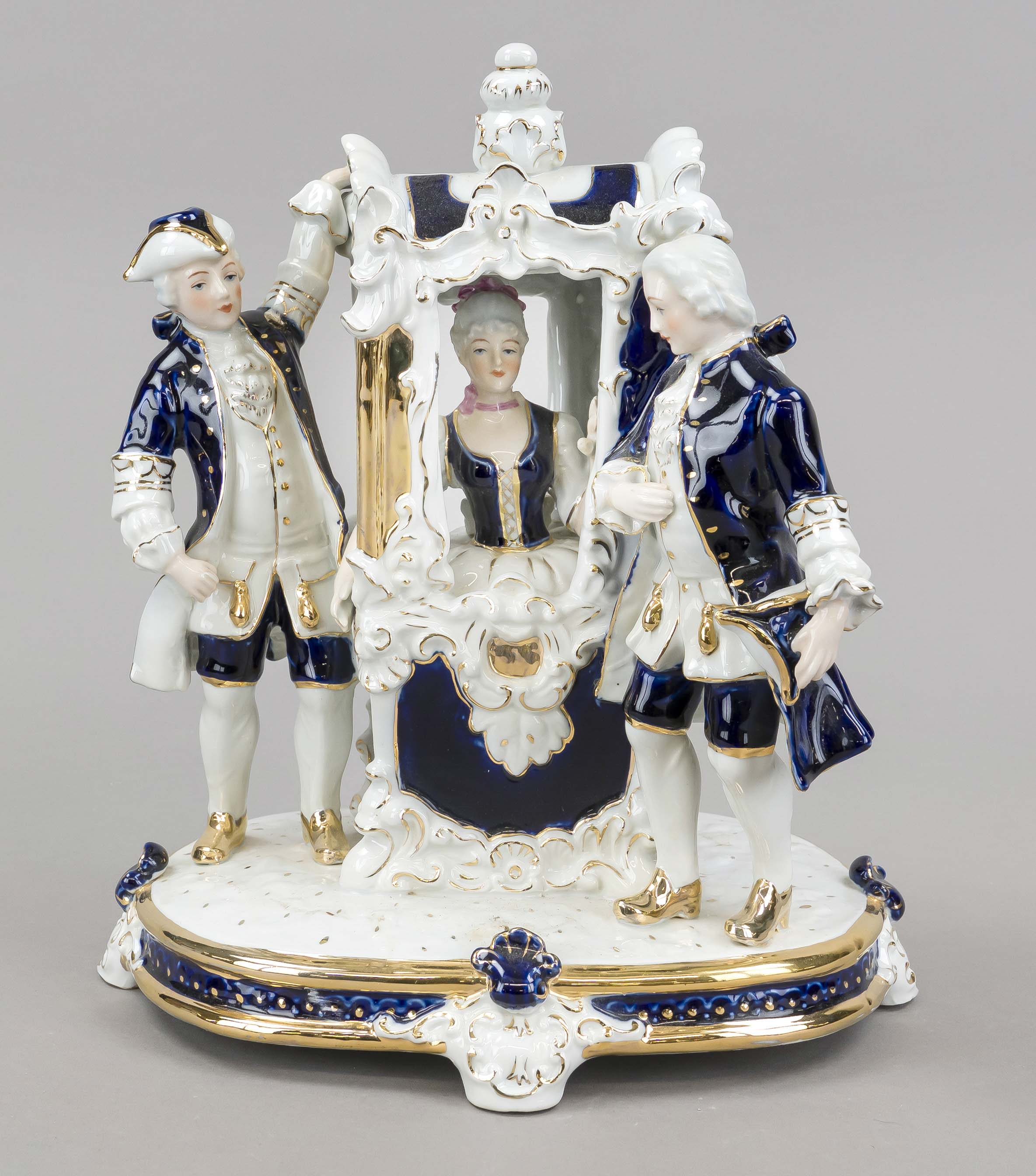 Group of figures, late 20th century, elegant lady in a palanquin, carried by 2 laines, partly glazed