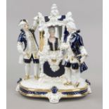 Group of figures, late 20th century, elegant lady in a palanquin, carried by 2 laines, partly glazed