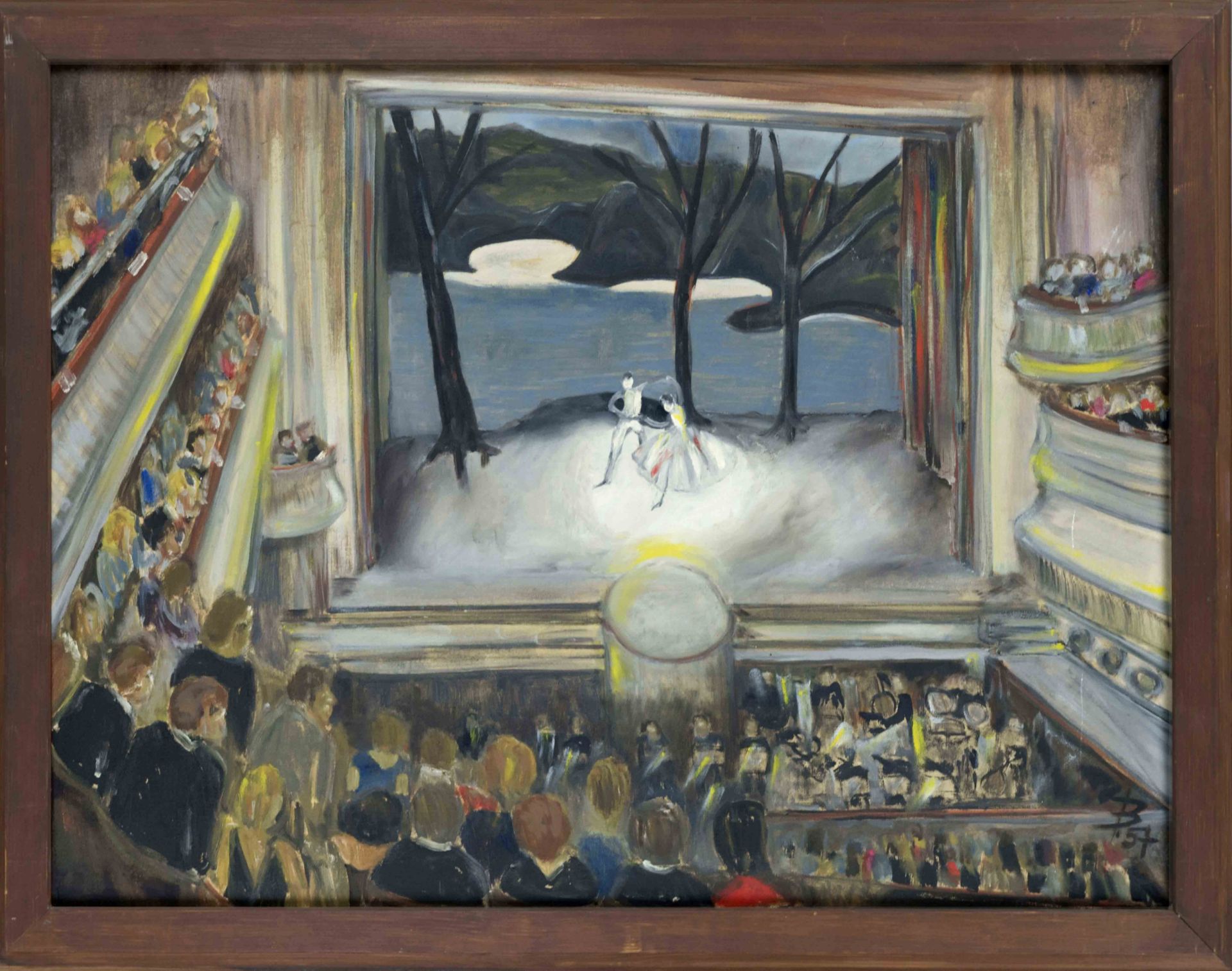 Monogrammist B, German artist mid-20th century, Ballet performance in an opera house from the