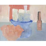 Unidentified, contemporary artist, ''Die Stadt'', still life with bottle, acrylic on canvas,