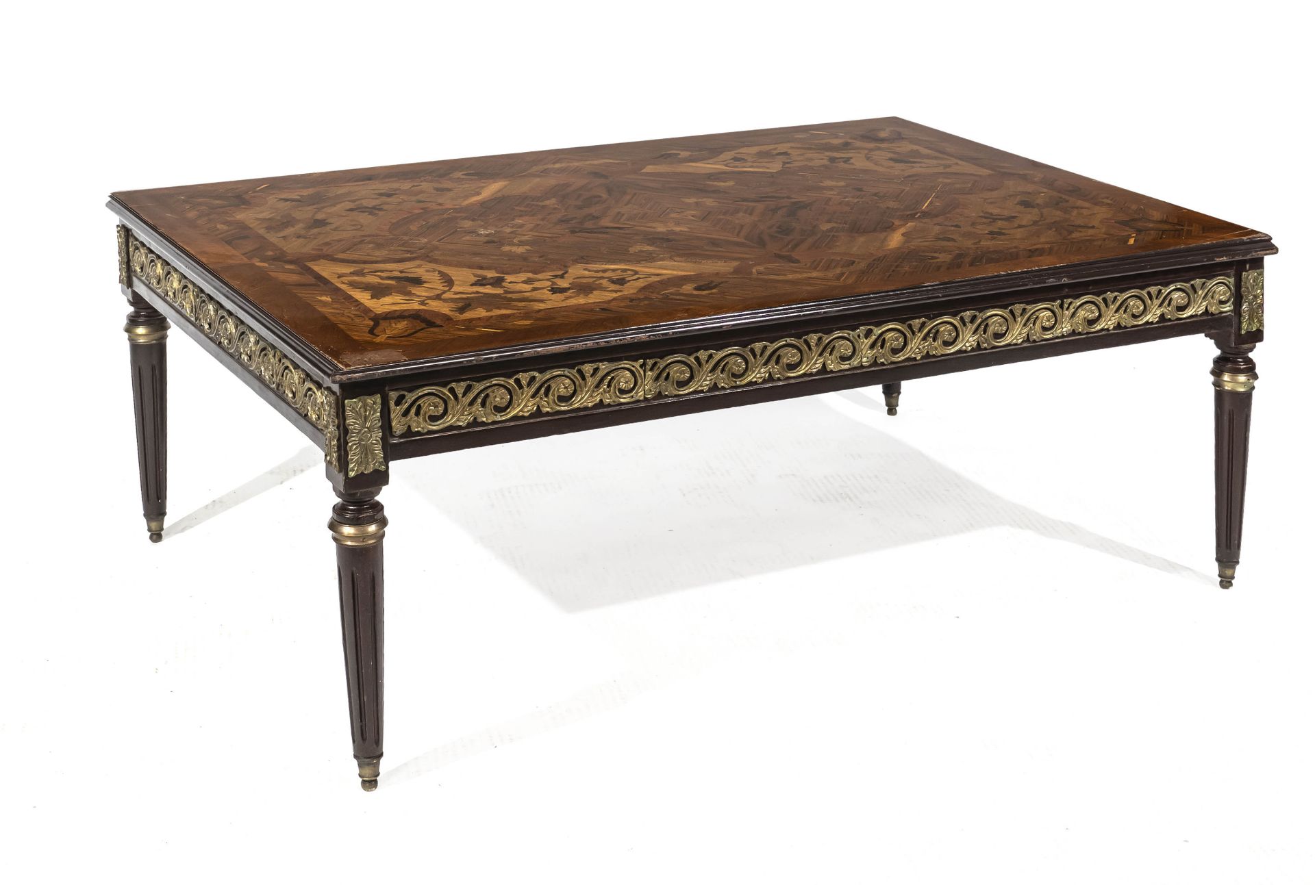 Coffee table in Louis-Seize style, late 20th century, mahogany veneered and inlaid with other