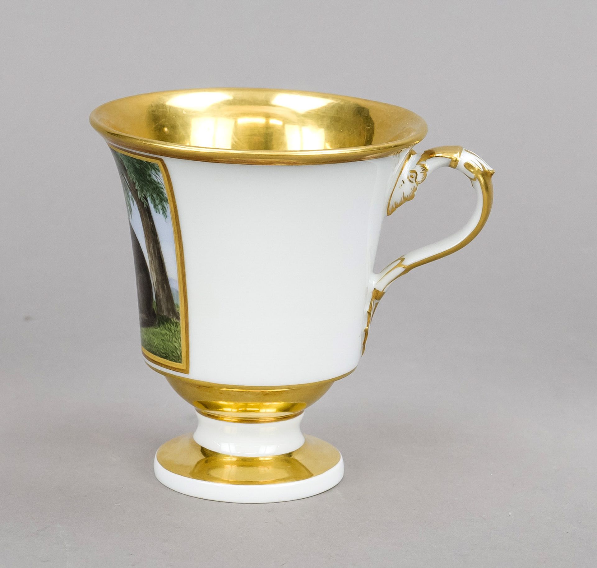 Cup with saucer, Meissen, 18th century, bell-shaped with volute handle, the front reserve with - Image 2 of 2