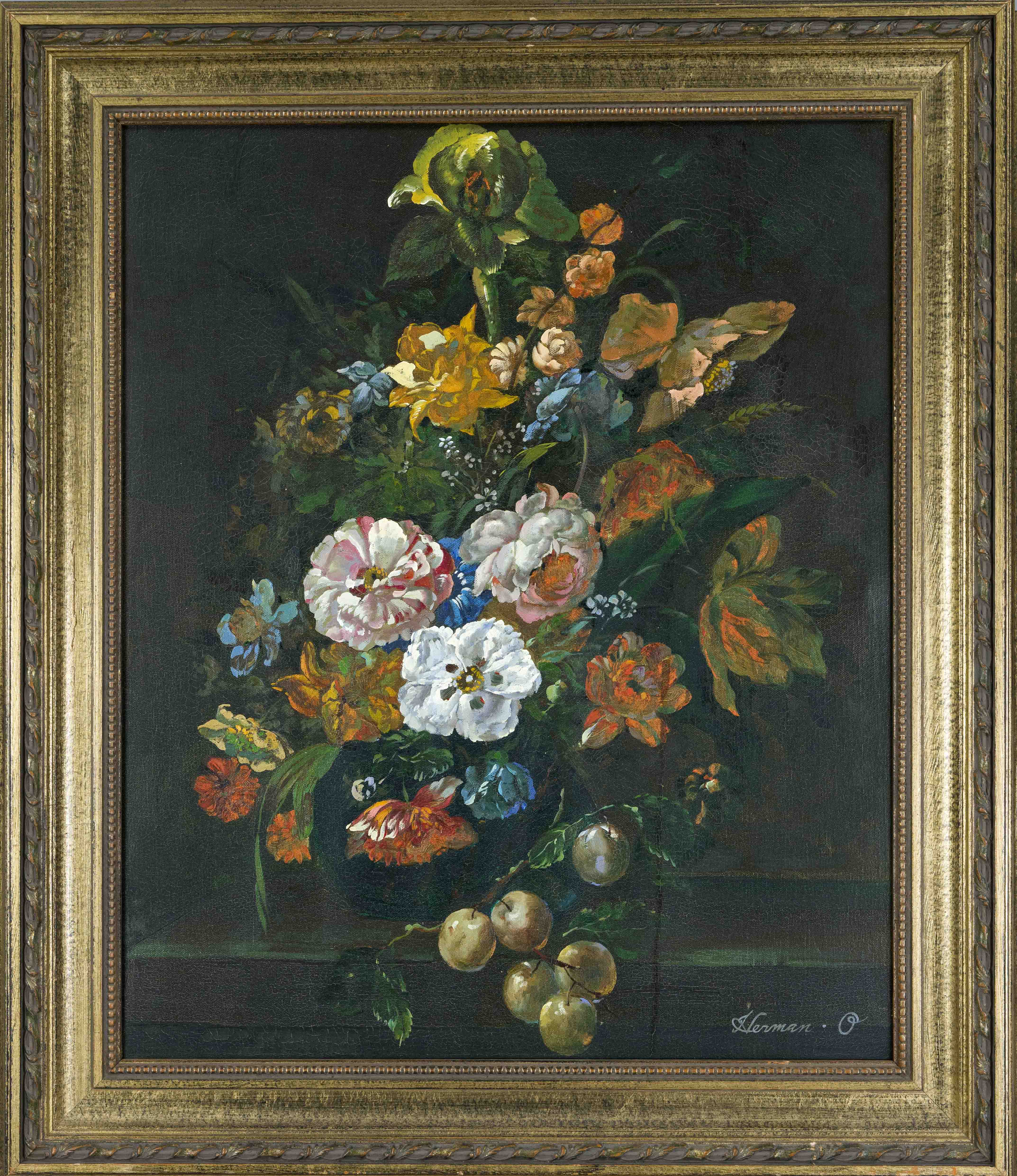 signed O. Hermann, 2nd half 20th century, Still life with flowers, oil on canvas, signed lower