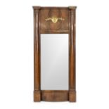 Mirror, 19th century, solid mahogany and veneered. Mirror flanked by columns, with a gilded