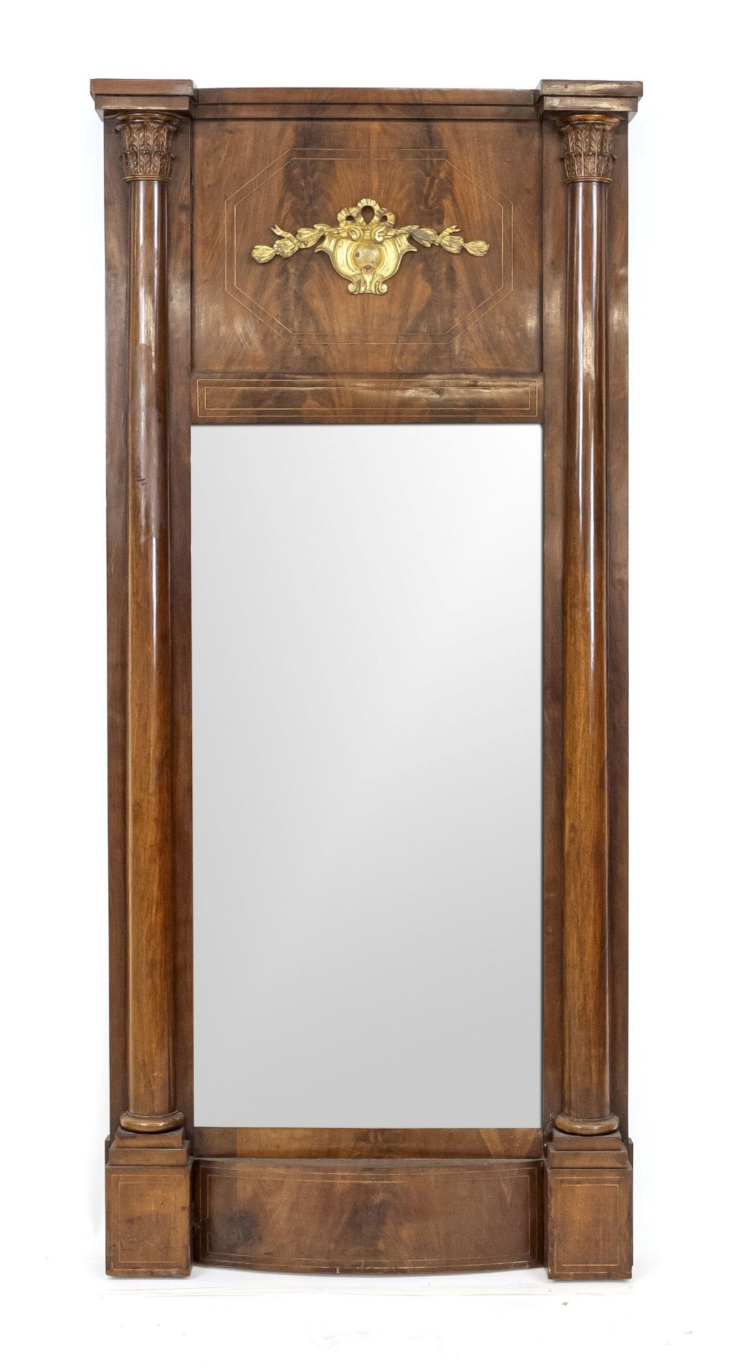 Mirror, 19th century, solid mahogany and veneered. Mirror flanked by columns, with a gilded