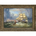 English marine painter of the 19th century, dramatic seascape with tall ship off the Isle of Wight